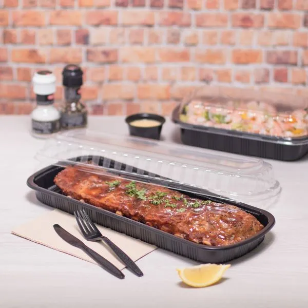 [100 ct] Full Slab Black PP Plastic Rib Container with Clear OPS lid