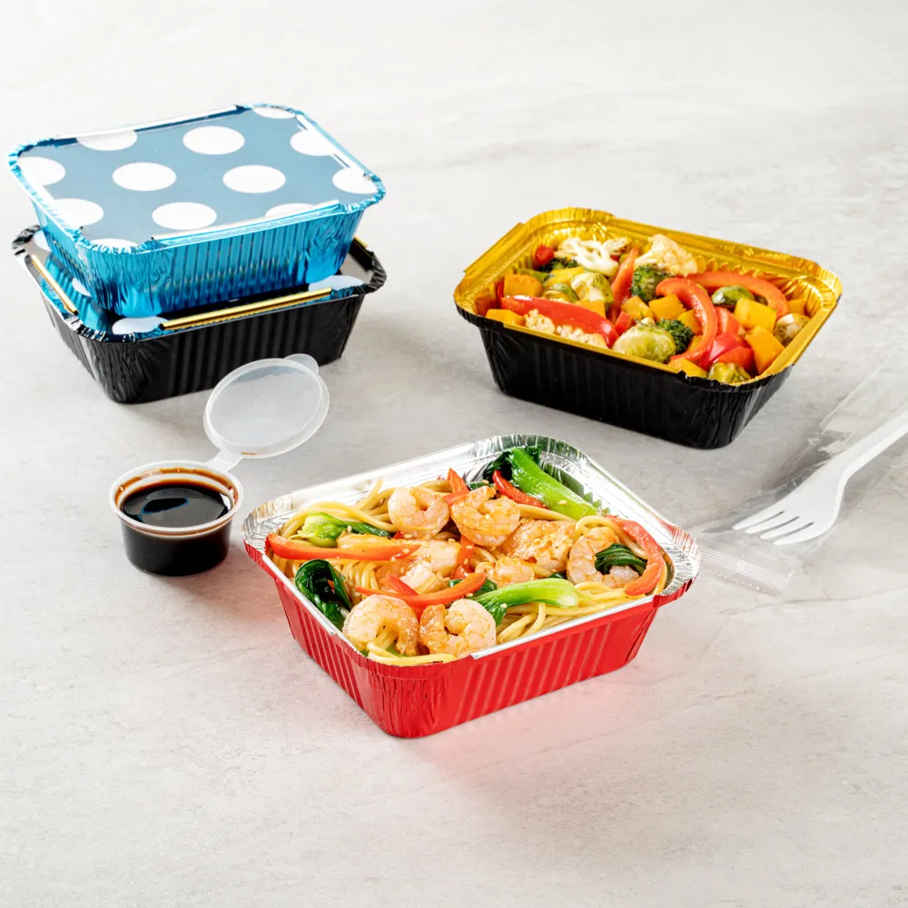 12 oz Rectangle Red Aluminum Take Out Container - with Polka Dot Paper Lid - 5 3/4" x 4 3/4" x 1 3/4" - 200 count box