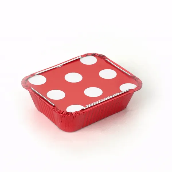 12 oz Rectangle Red Aluminum Take Out Container - with Polka Dot Paper Lid - 5 3/4" x 4 3/4" x 1 3/4" - 200 count box