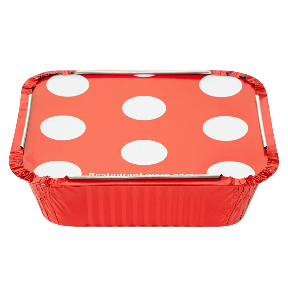 12 oz Rectangle Red Aluminum Take Out Container - with Polka Dot Paper Lid - 5 3/4" x 4 3/4" x 1 3/4" - 200 count box