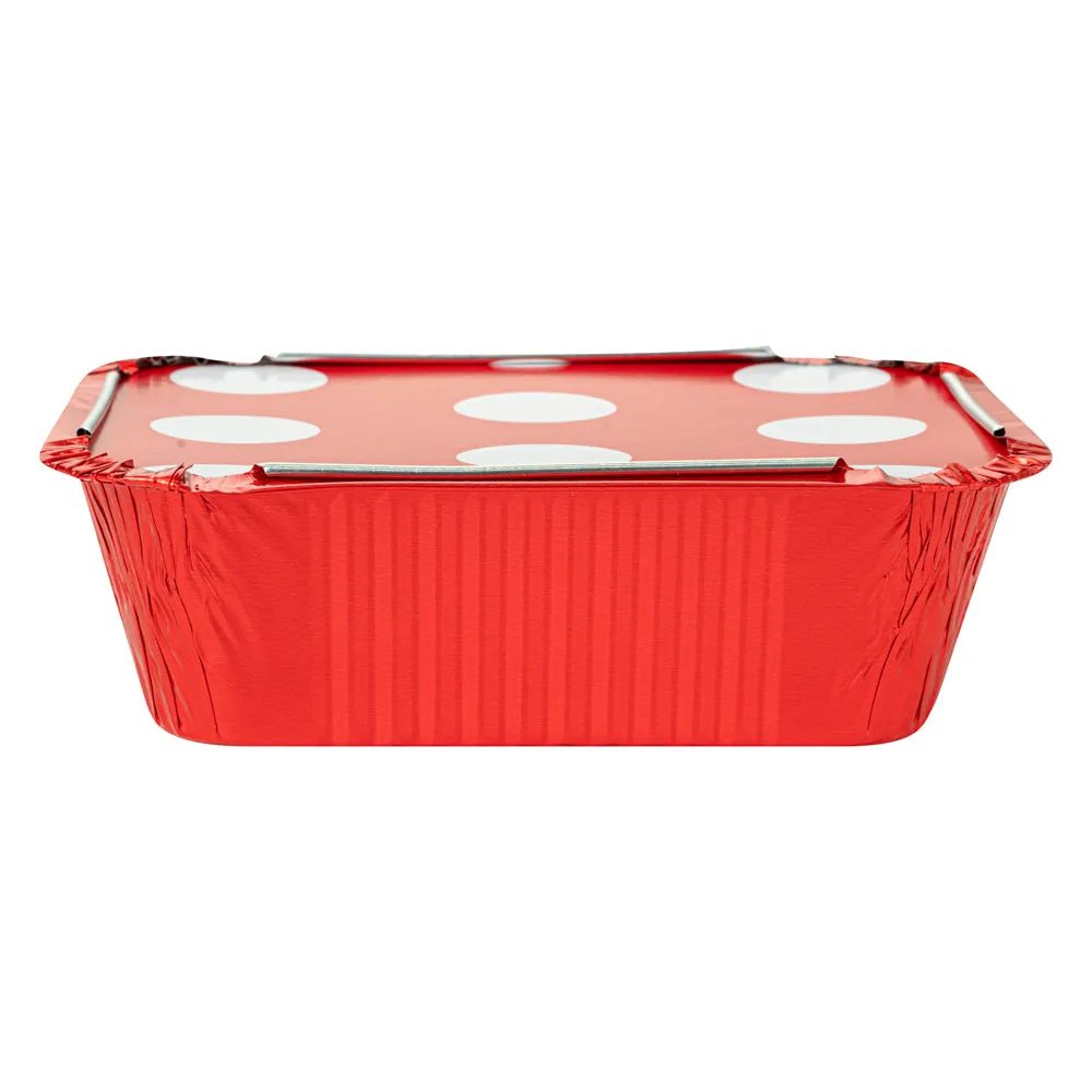 12 oz Rectangle Red Aluminum Take Out Container - with Polka Dot Paper Lid - 5 3/4" x 4 3/4" x 1 3/4" - 200 count box