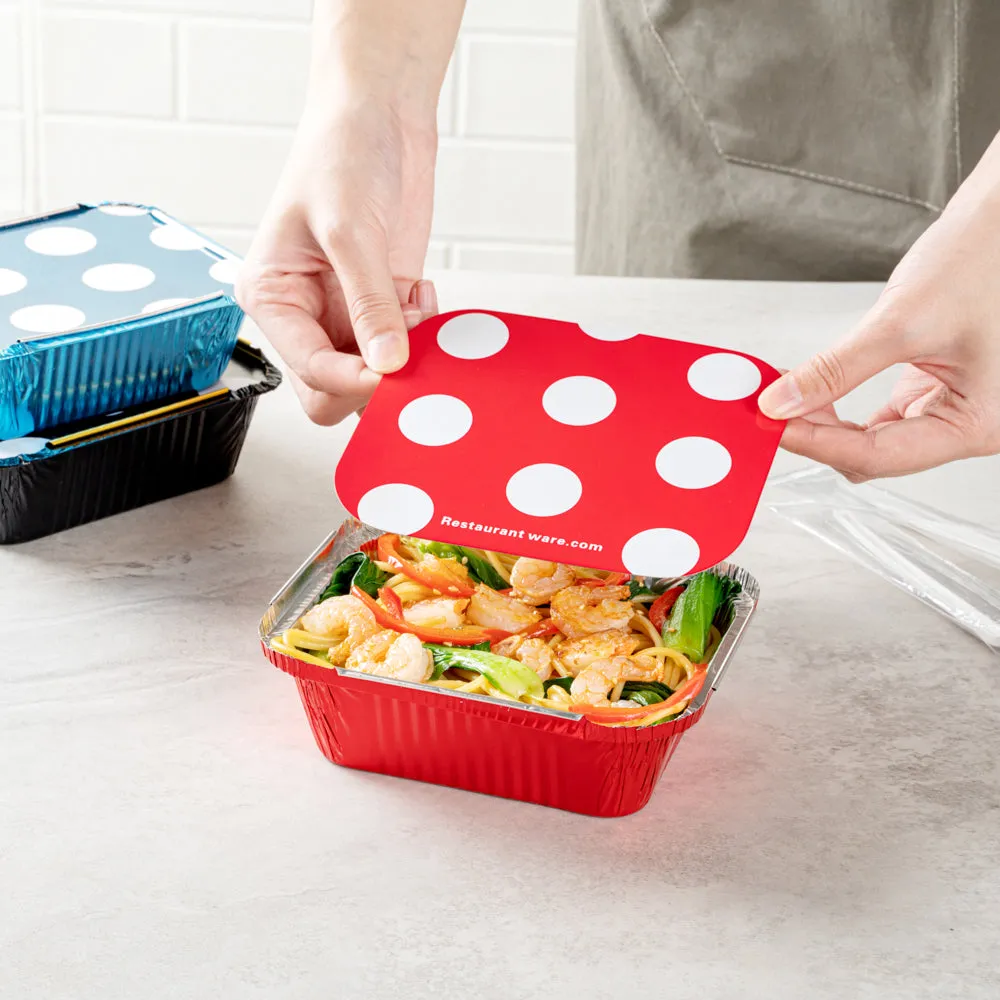 12 oz Rectangle Red Aluminum Take Out Container - with Polka Dot Paper Lid - 5 3/4" x 4 3/4" x 1 3/4" - 200 count box