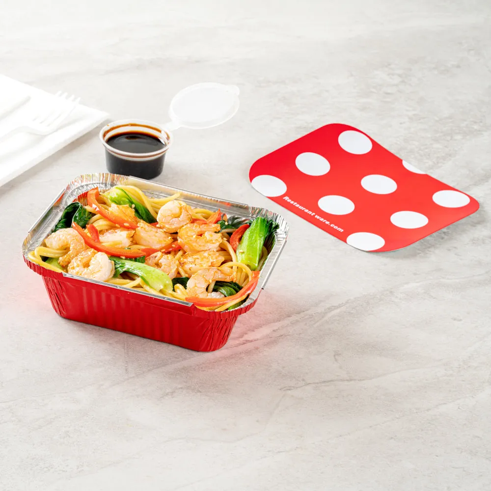 12 oz Rectangle Red Aluminum Take Out Container - with Polka Dot Paper Lid - 5 3/4" x 4 3/4" x 1 3/4" - 200 count box