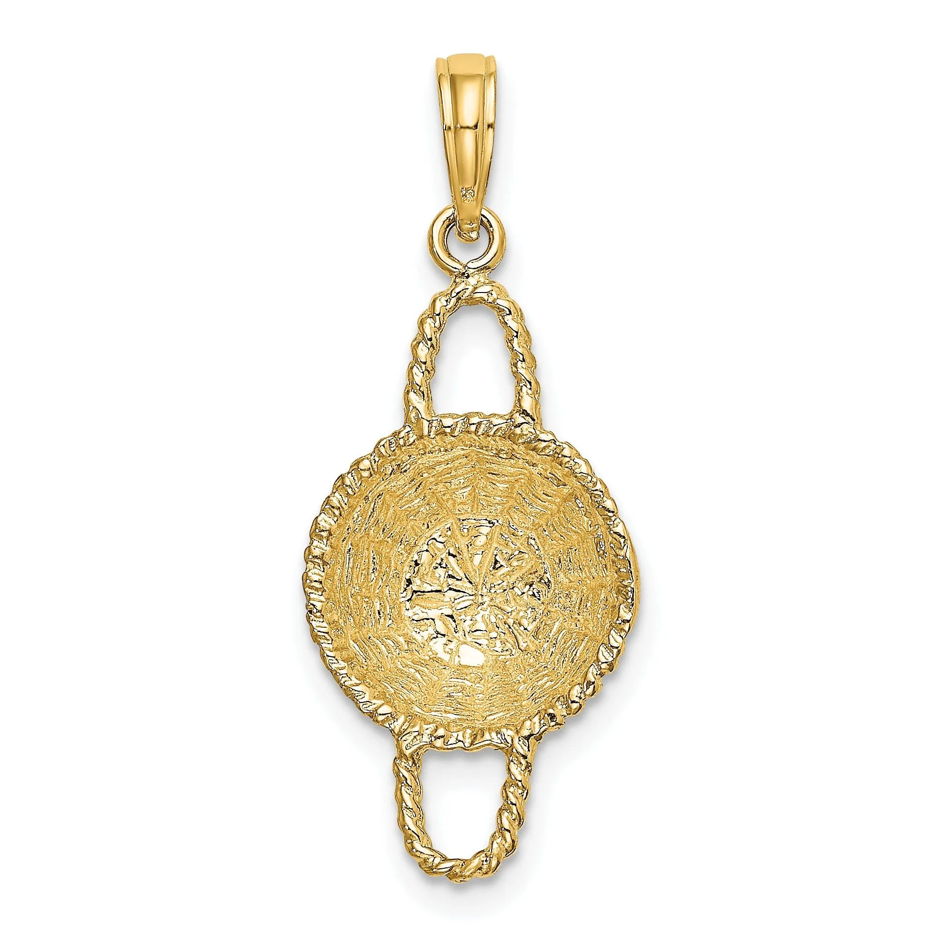 14K Yellow Gold Texture Finish 3-Dimensional 2 Handles Round Basket Charm Pendant