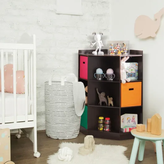 3-Tier Kids Storage Shelf Corner Cabinet with 3 Baskets-Brown