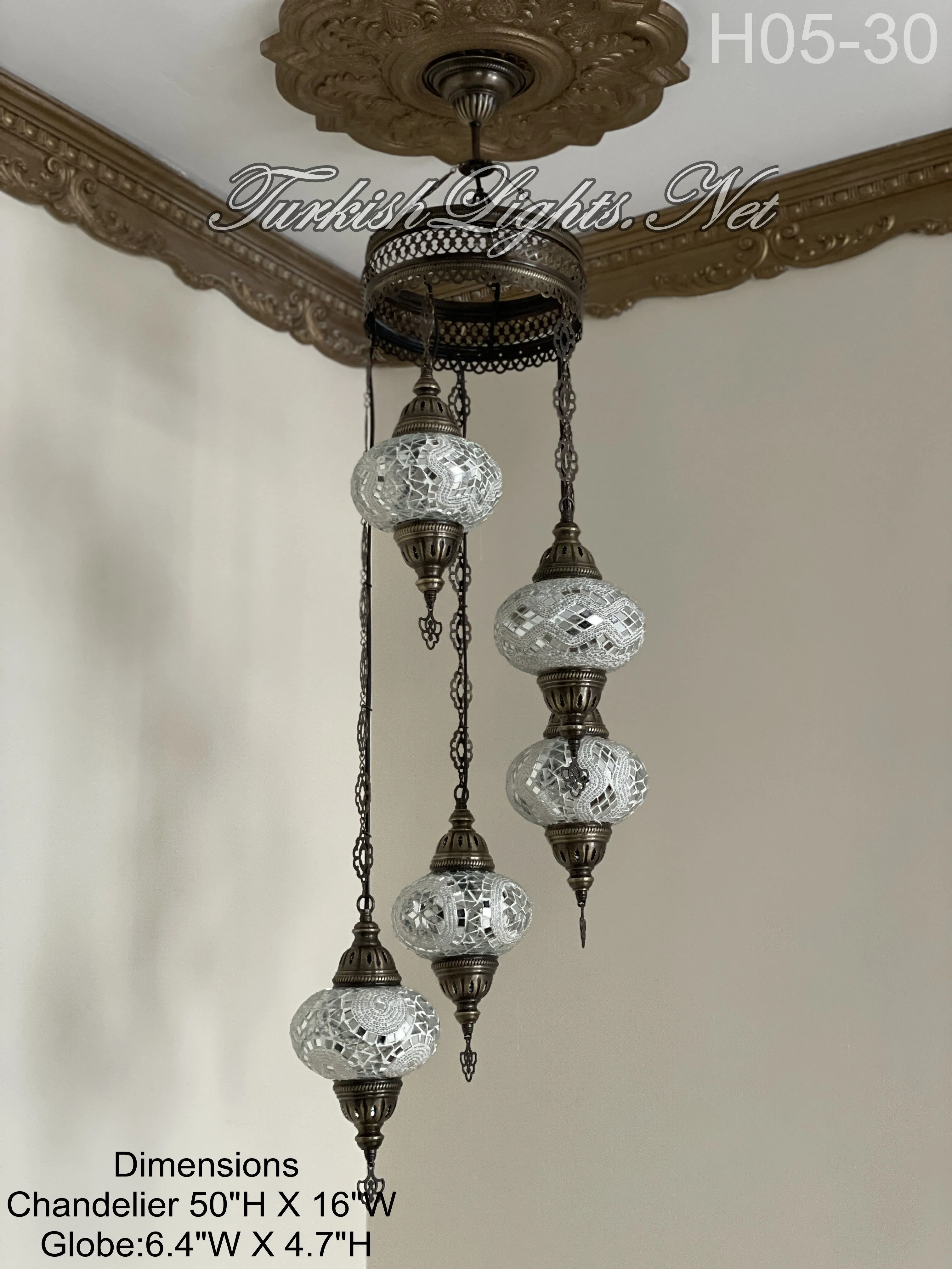 5 (L) BALL TURKISH WATER DROP MOSAIC CHANDELIER WİTH LARGE GLOBES H05-30