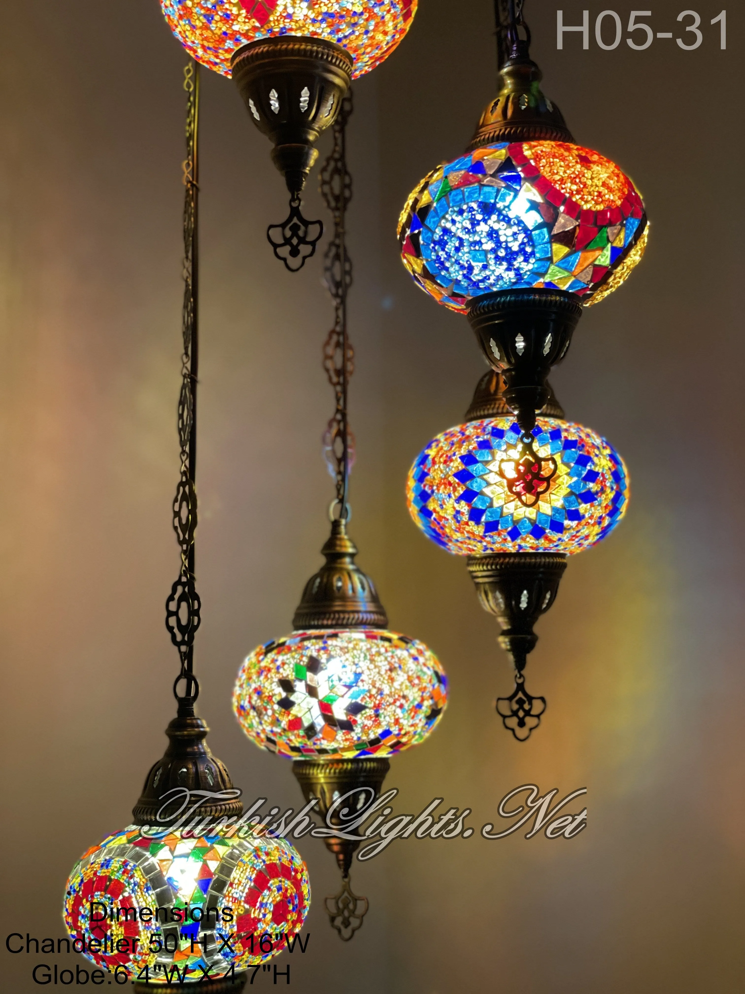 5 (L) BALL TURKISH WATER DROP MOSAIC CHANDELIER WİTH LARGE GLOBES H05-31