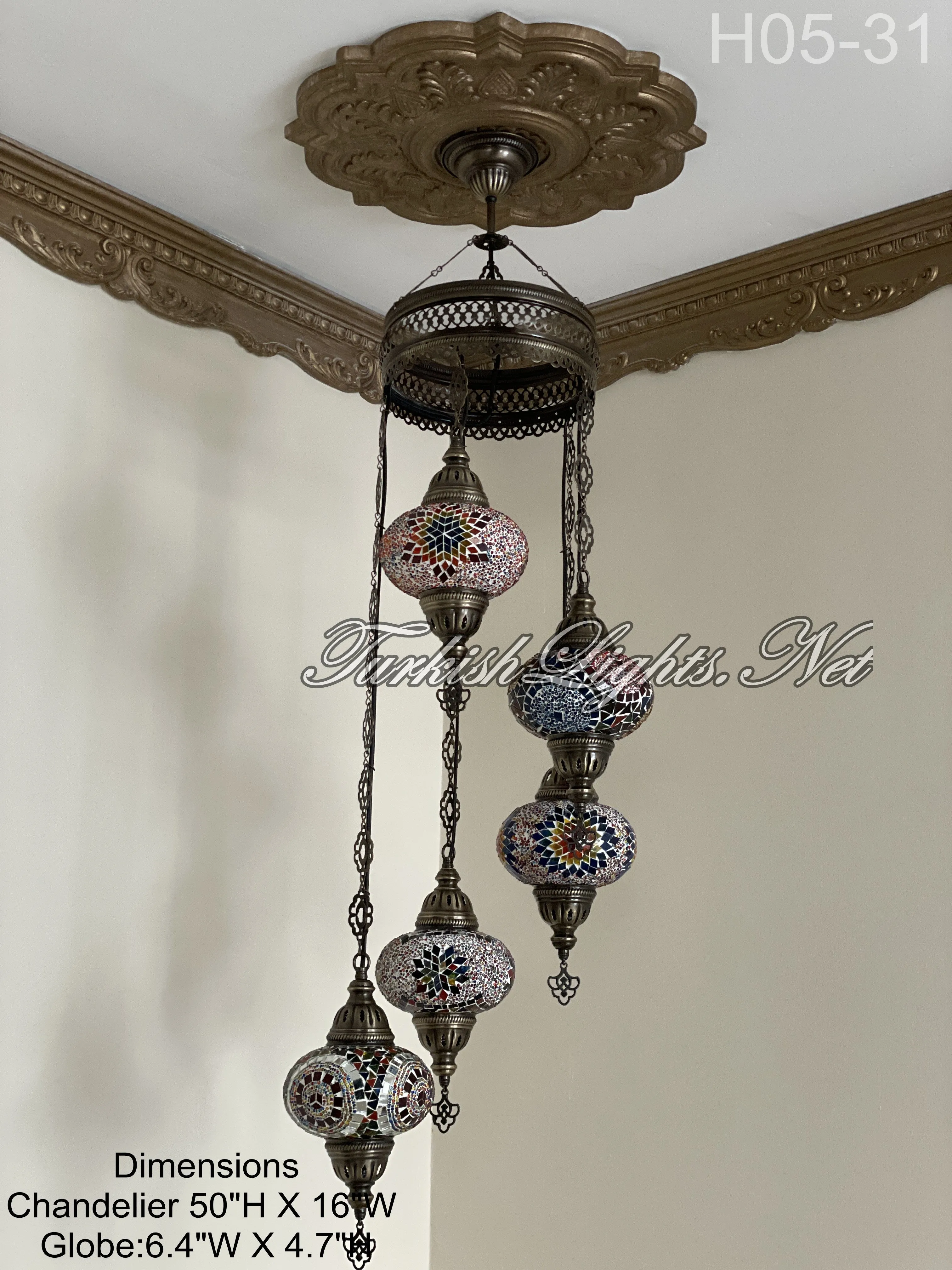 5 (L) BALL TURKISH WATER DROP MOSAIC CHANDELIER WİTH LARGE GLOBES H05-31