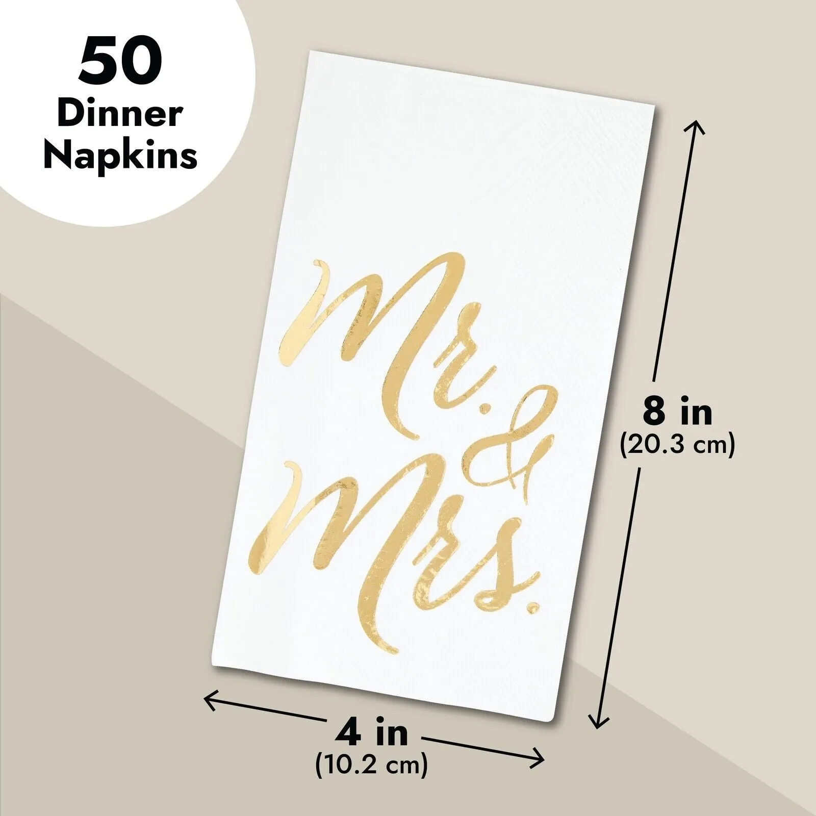 50 Pack White Mr and Mrs Dinner Napkins for Wedding, Anniversary, Gold Foil, 4x8 inches
