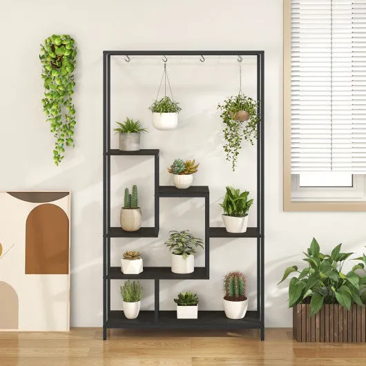 6-Tier Tall Plant Stand 71" Metal Indoor Plant Shelf with 10 Hanging Hooks-Black