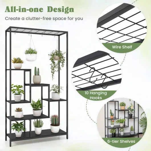 6-Tier Tall Plant Stand 71" Metal Indoor Plant Shelf with 10 Hanging Hooks-Black