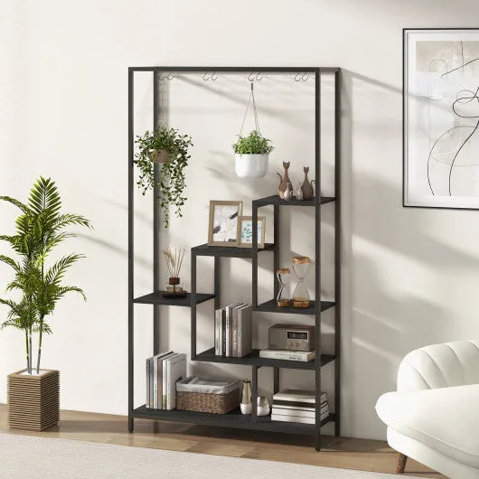 6-Tier Tall Plant Stand 71" Metal Indoor Plant Shelf with 10 Hanging Hooks-Black