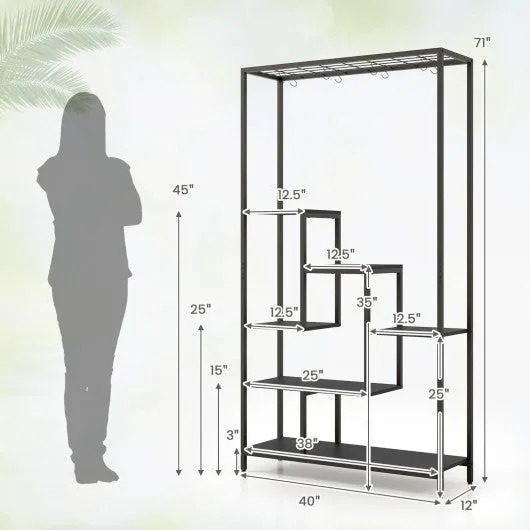 6-Tier Tall Plant Stand 71" Metal Indoor Plant Shelf with 10 Hanging Hooks-Black