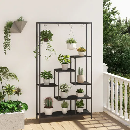 6-Tier Tall Plant Stand 71" Metal Indoor Plant Shelf with 10 Hanging Hooks-Black