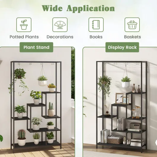 6-Tier Tall Plant Stand 71" Metal Indoor Plant Shelf with 10 Hanging Hooks-Black