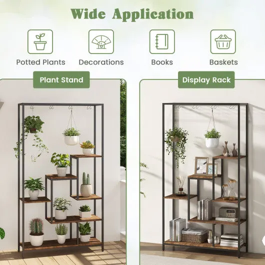 6-Tier Tall Plant Stand 71" Metal Indoor Plant Shelf with 10 Hanging Hooks-Rustic Brown