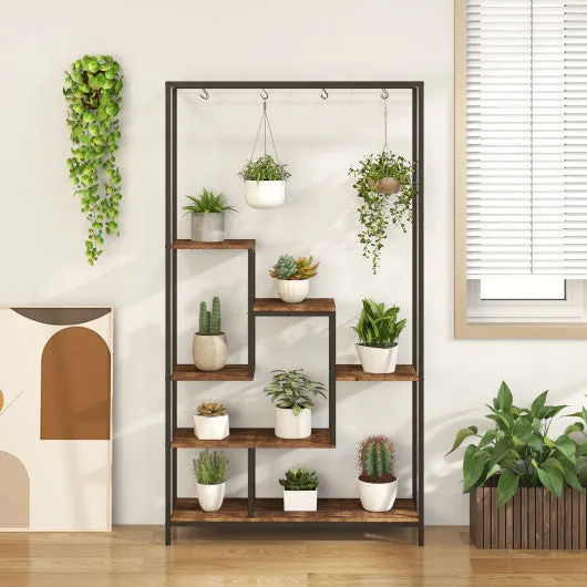 6-Tier Tall Plant Stand 71" Metal Indoor Plant Shelf with 10 Hanging Hooks-Rustic Brown