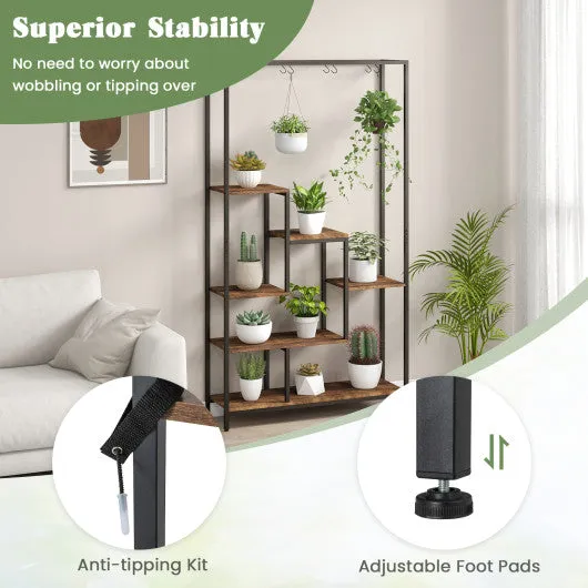 6-Tier Tall Plant Stand 71" Metal Indoor Plant Shelf with 10 Hanging Hooks-Rustic Brown