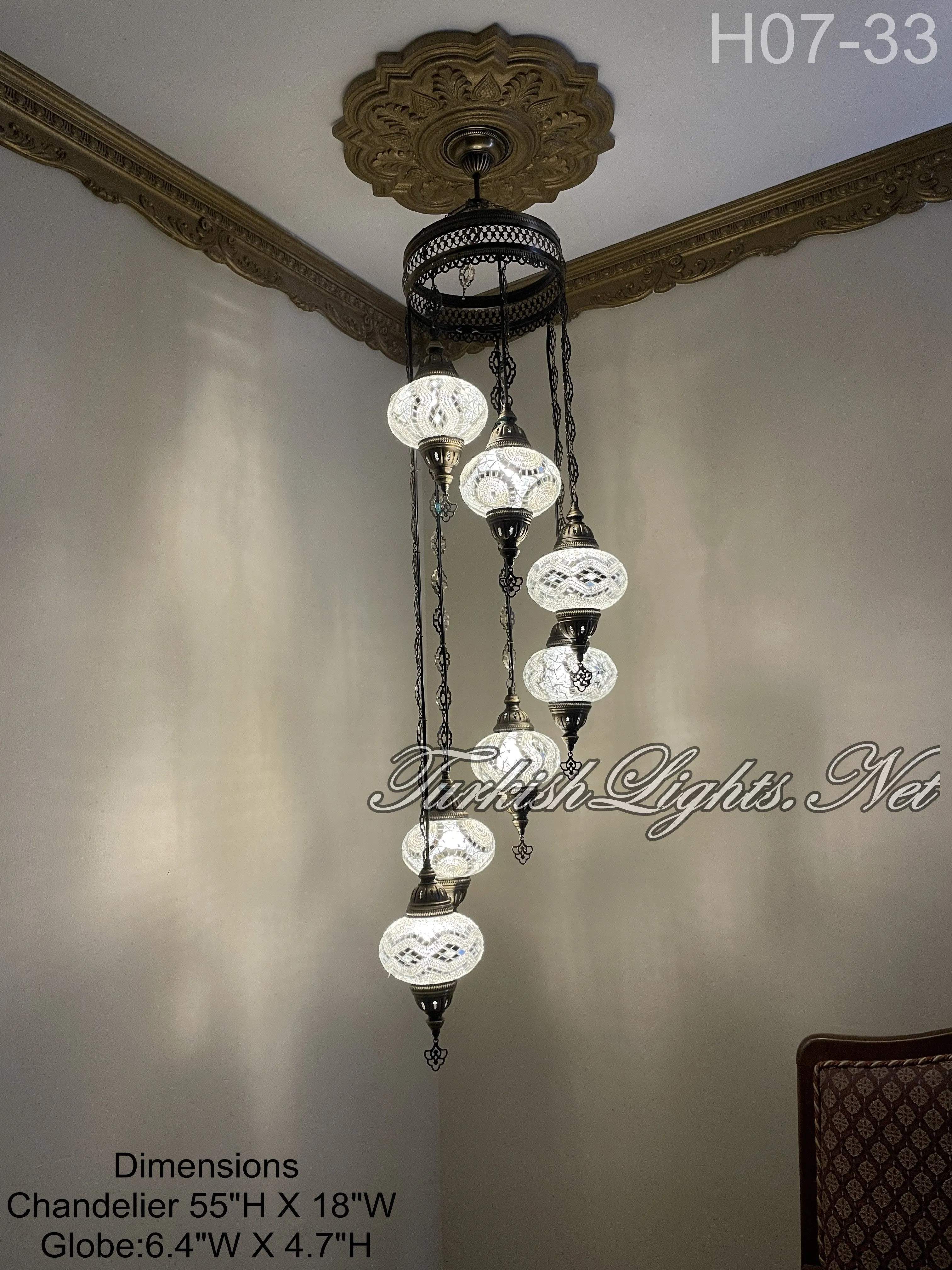 7 (L) BALL TURKISH WATER DROP MOSAIC CHANDELIER WİTH LARGE GLOBES 10 TO CHOOSE