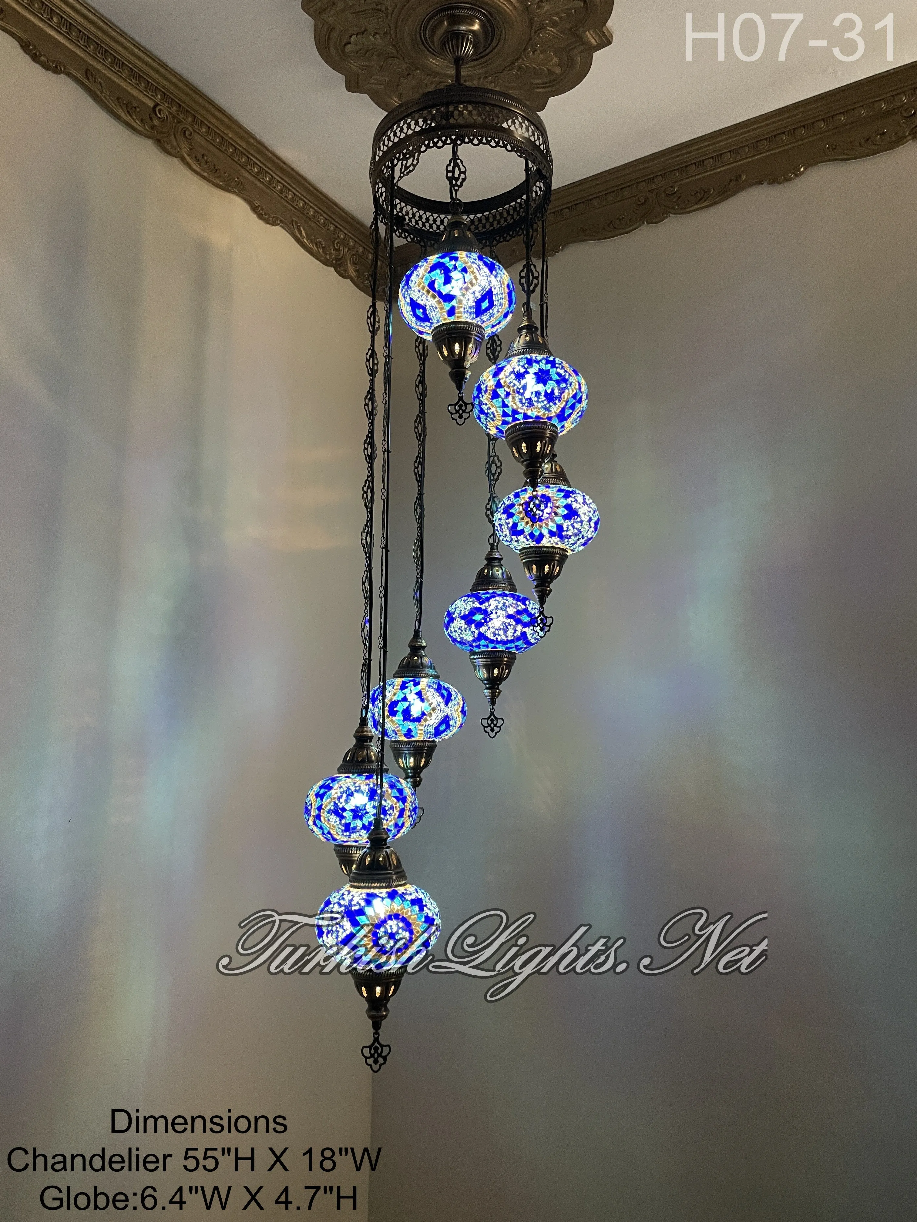 7 (L) BALL TURKISH WATER DROP MOSAIC CHANDELIER WİTH LARGE GLOBES 10 TO CHOOSE