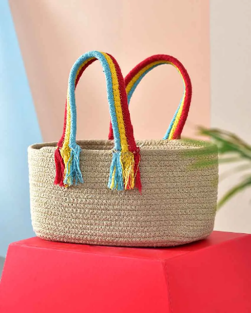 Boho Rainbow Cotton & Jute Basket | 10 x 7 x 5 inches