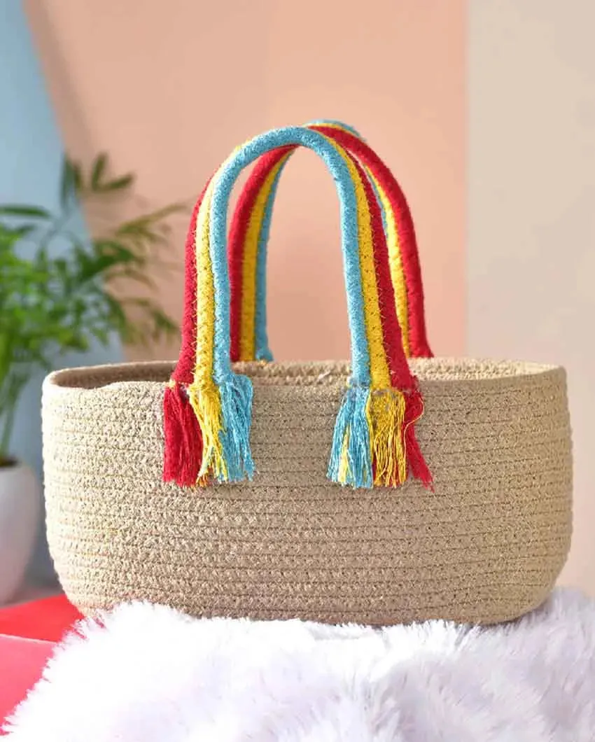 Boho Rainbow Cotton & Jute Basket | 10 x 7 x 5 inches