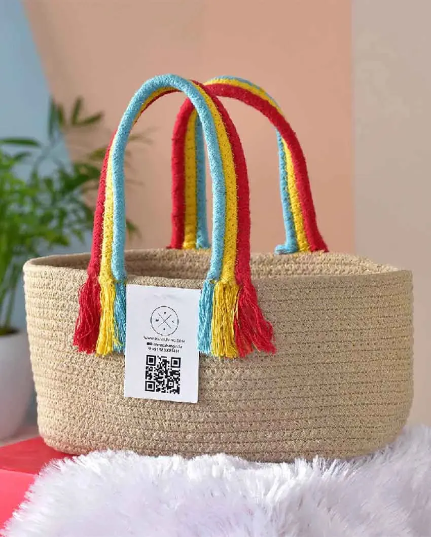 Boho Rainbow Cotton & Jute Basket | 10 x 7 x 5 inches