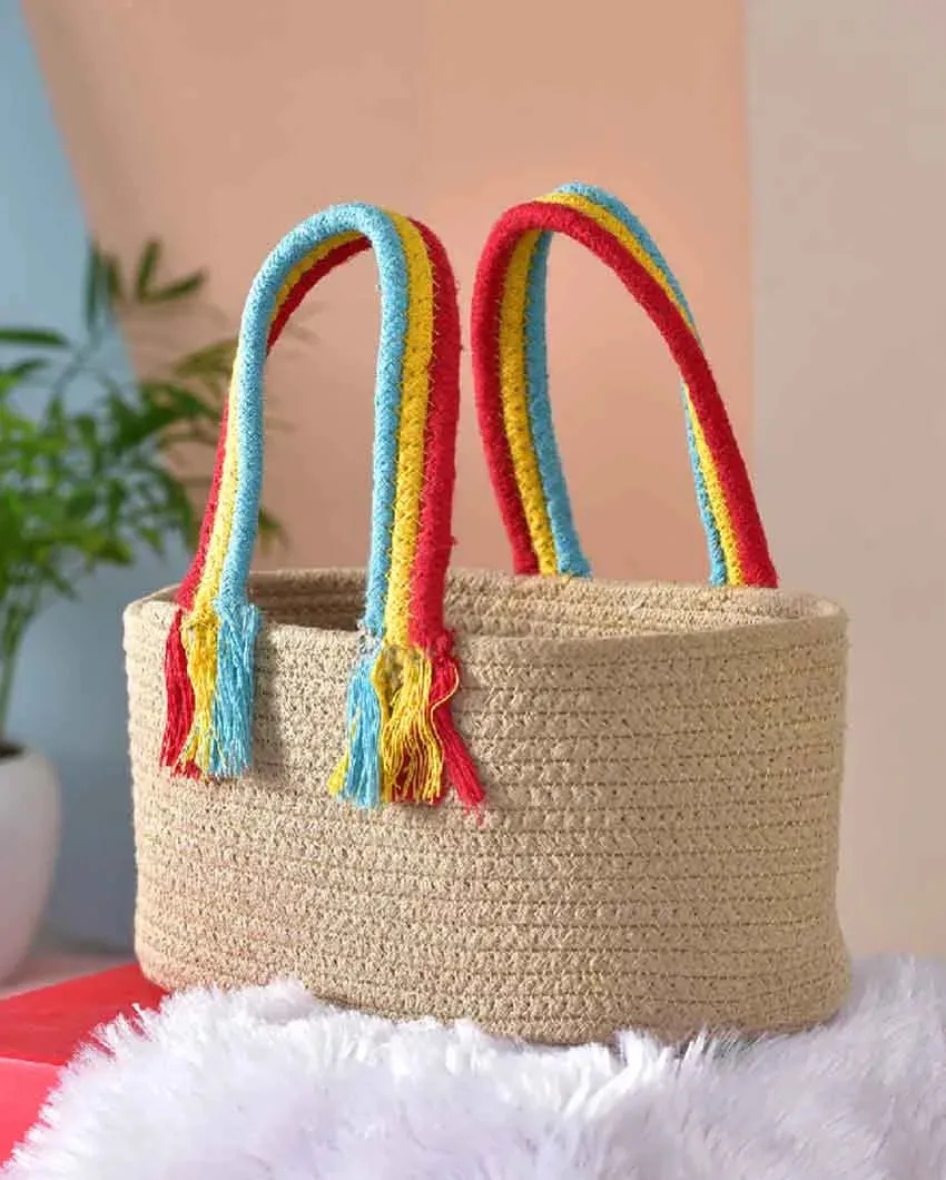 Boho Rainbow Cotton & Jute Basket | 10 x 7 x 5 inches