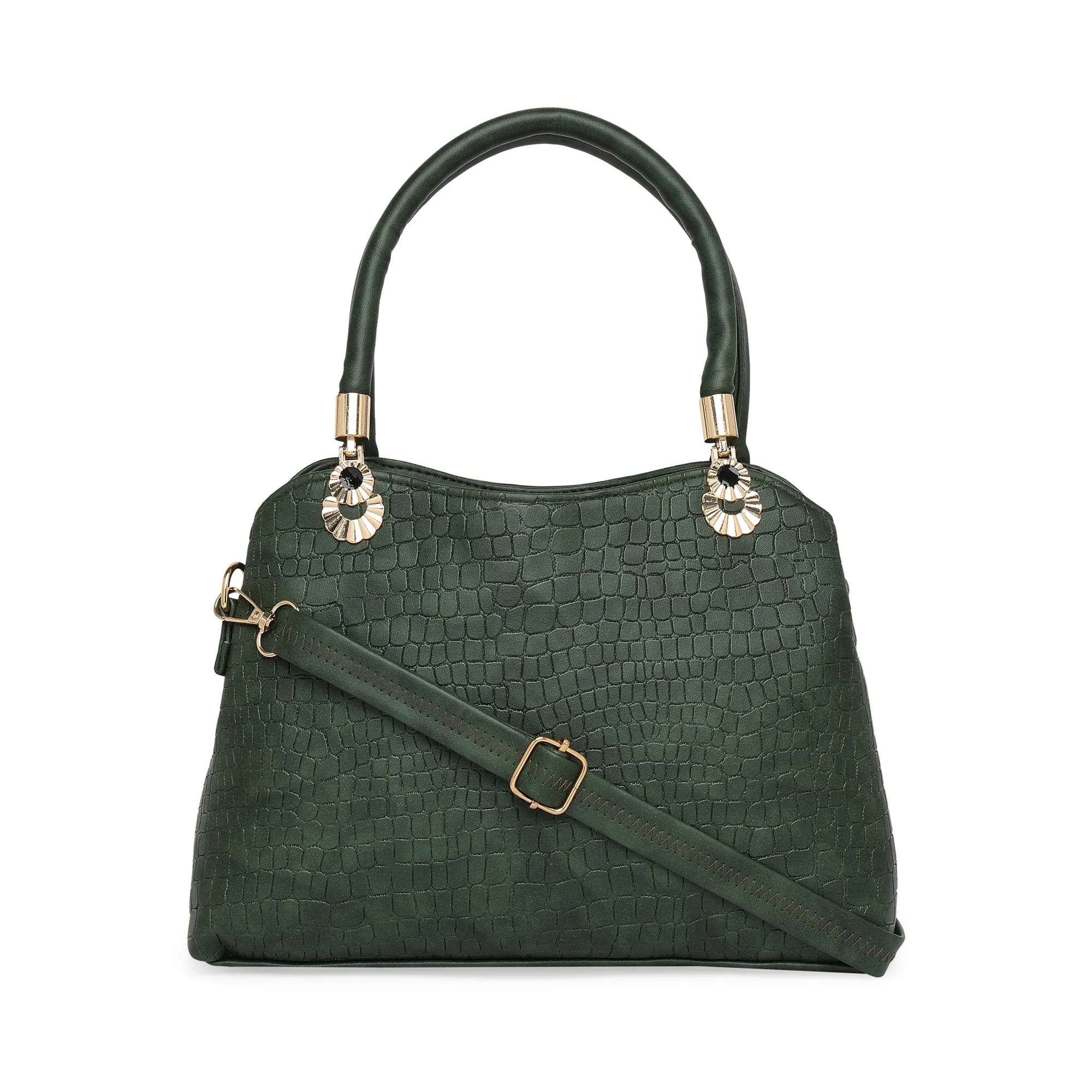 Bottle Green Women Vegan Leather Handbag With Belt