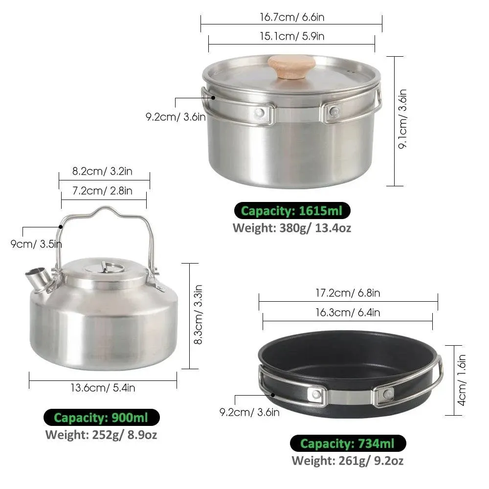 Camping Cookware Set Foldable Camping Pots Frying Pans and 900ml Kettle Stainless Steel Cookware for Hiking Picnic