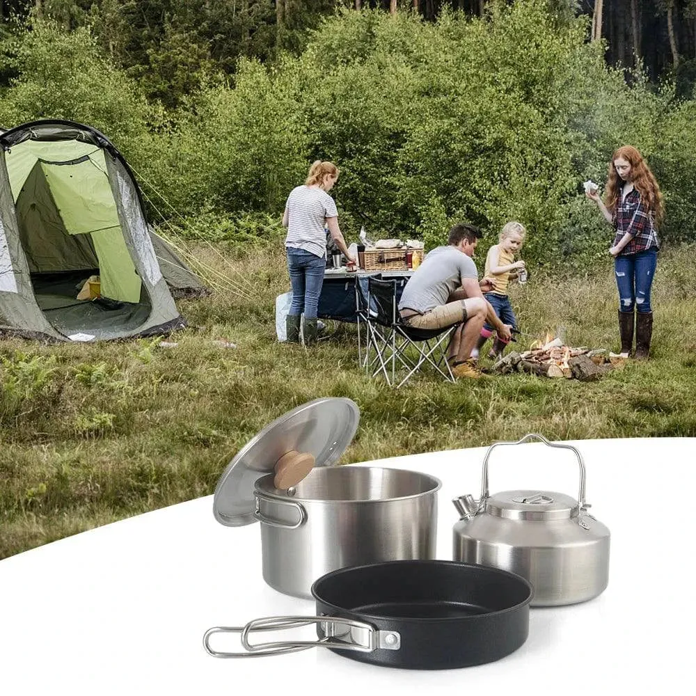 Camping Cookware Set Foldable Camping Pots Frying Pans and 900ml Kettle Stainless Steel Cookware for Hiking Picnic