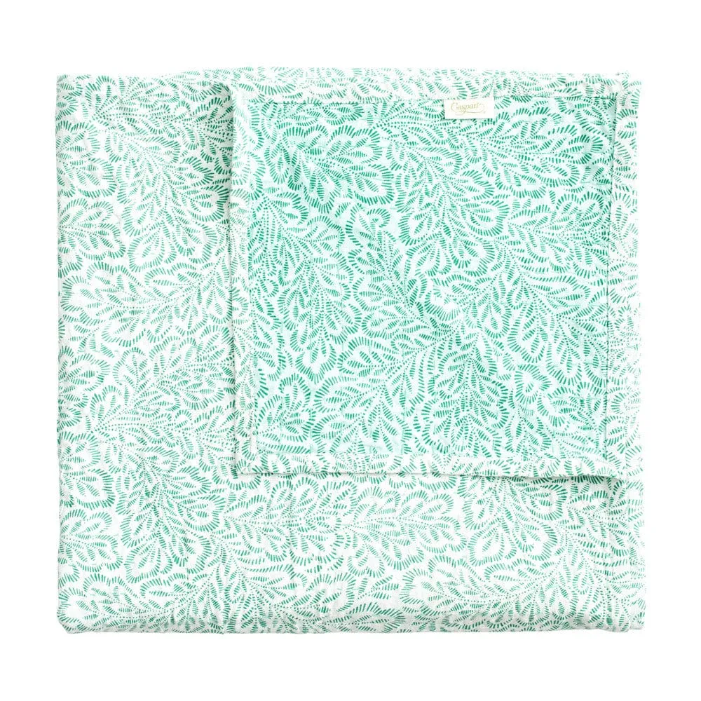 Caspari Reversible Kantha Table Cloth – Green Block Print Leaves – 70"x70"
