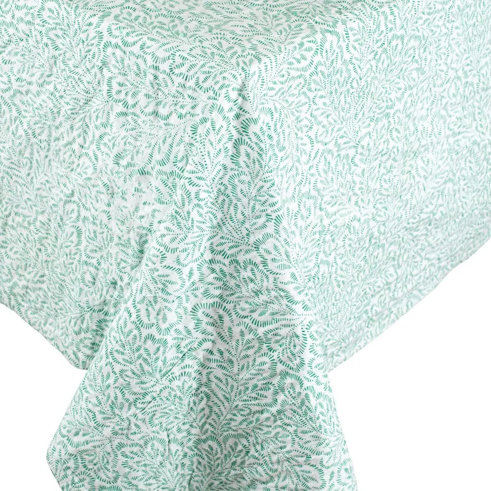 Caspari Reversible Kantha Table Cloth – Green Block Print Leaves – 70"x70"