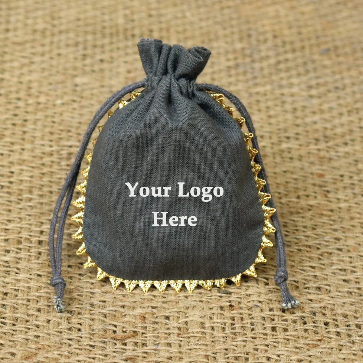 Custom Drawstring Bags Personalized Logo Small Bags Round Gold Lace Handmade Jewelry Grey Pouches – CraftJaipur