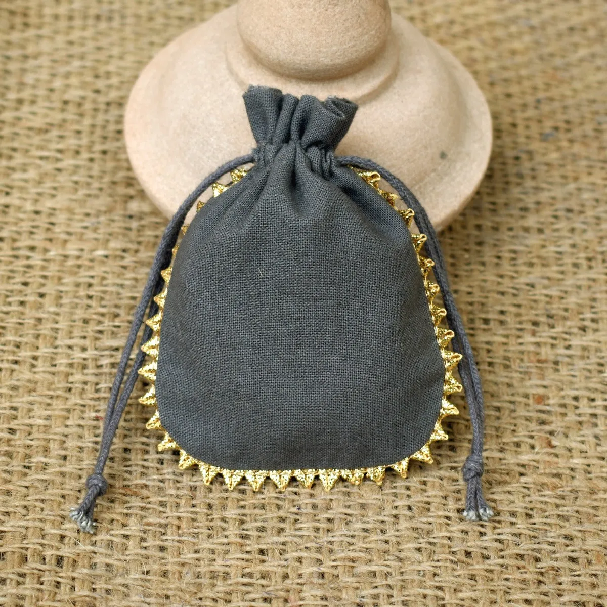 Custom Drawstring Bags Personalized Logo Small Bags Round Gold Lace Handmade Jewelry Grey Pouches – CraftJaipur