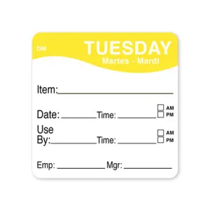 DayMark 1100532 "Tuesday" Dissolve Labels, 2" x 2", Roll of 250