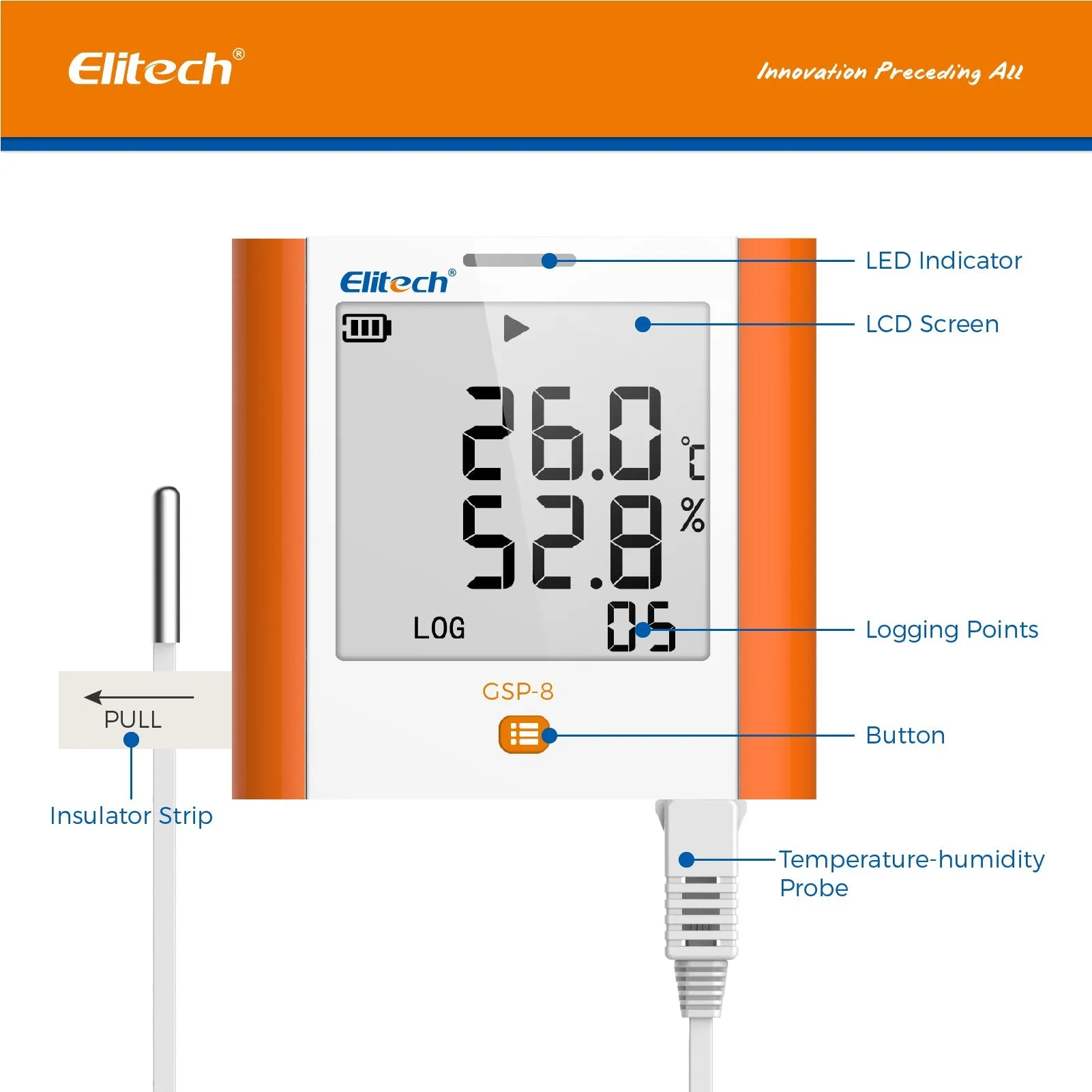 Elitech 100,000 Points Digital Temperature Humidity Data Logger Medical Refrigerator Thermometer Vaccine Fridge Temperature Monitor Max Min Average Value GSP-8