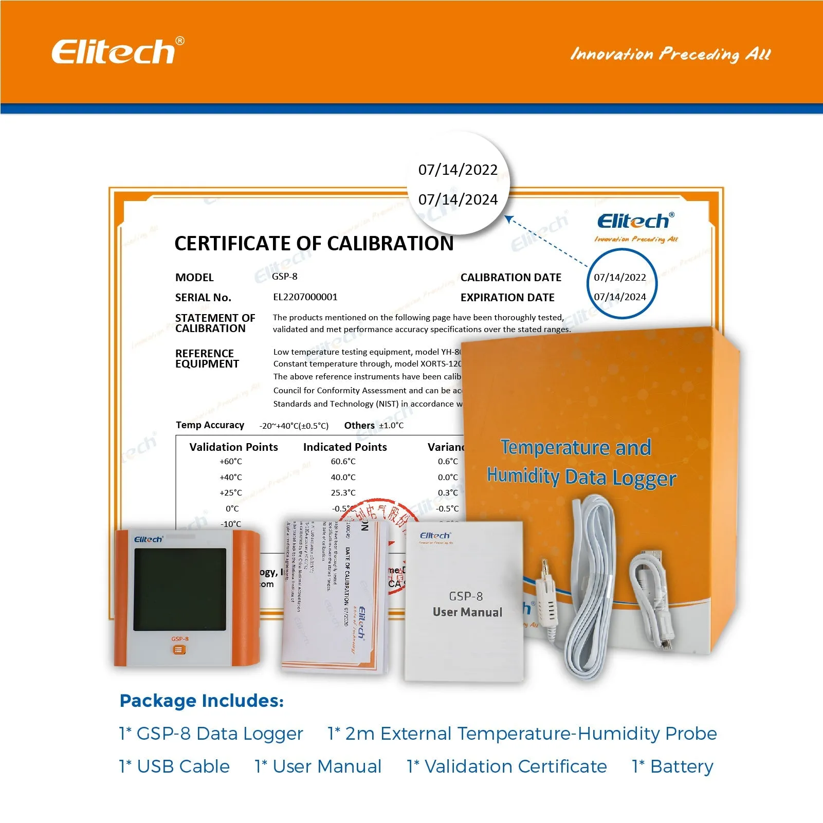 Elitech 100,000 Points Digital Temperature Humidity Data Logger Medical Refrigerator Thermometer Vaccine Fridge Temperature Monitor Max Min Average Value GSP-8