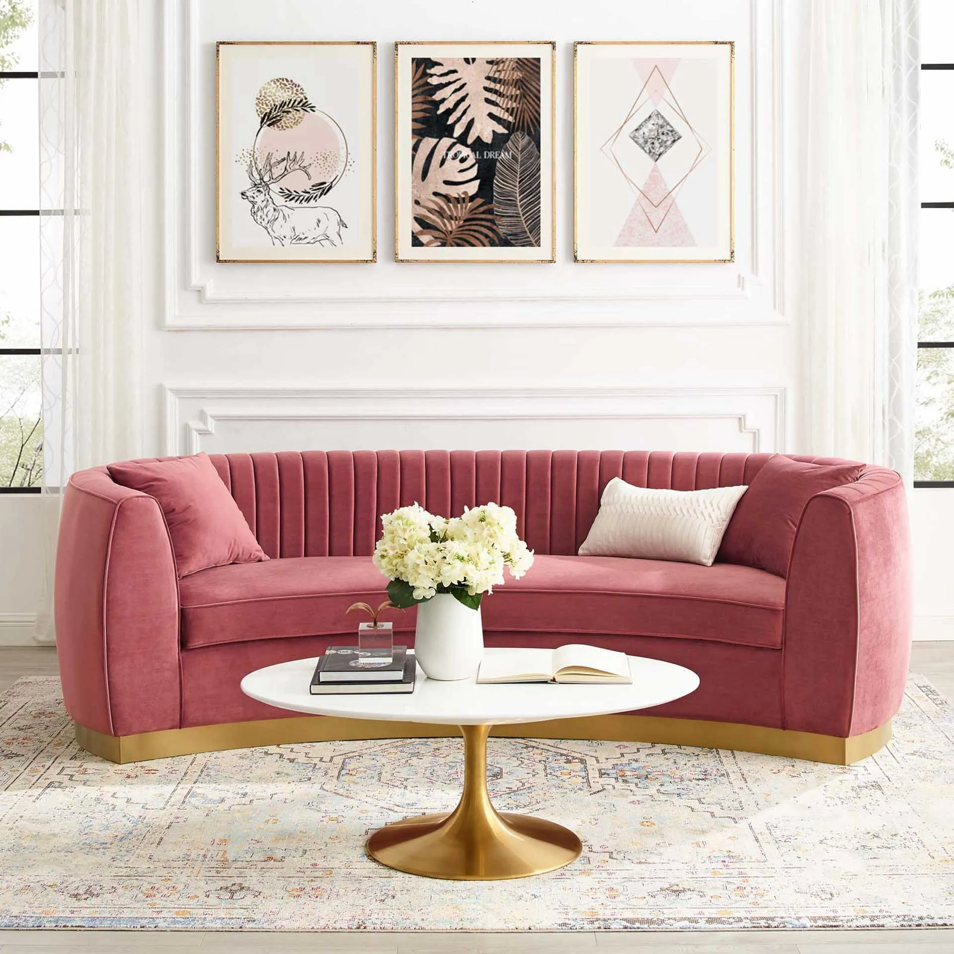 Endicott Curved Performance Velvet Sofa Dusty Rose
