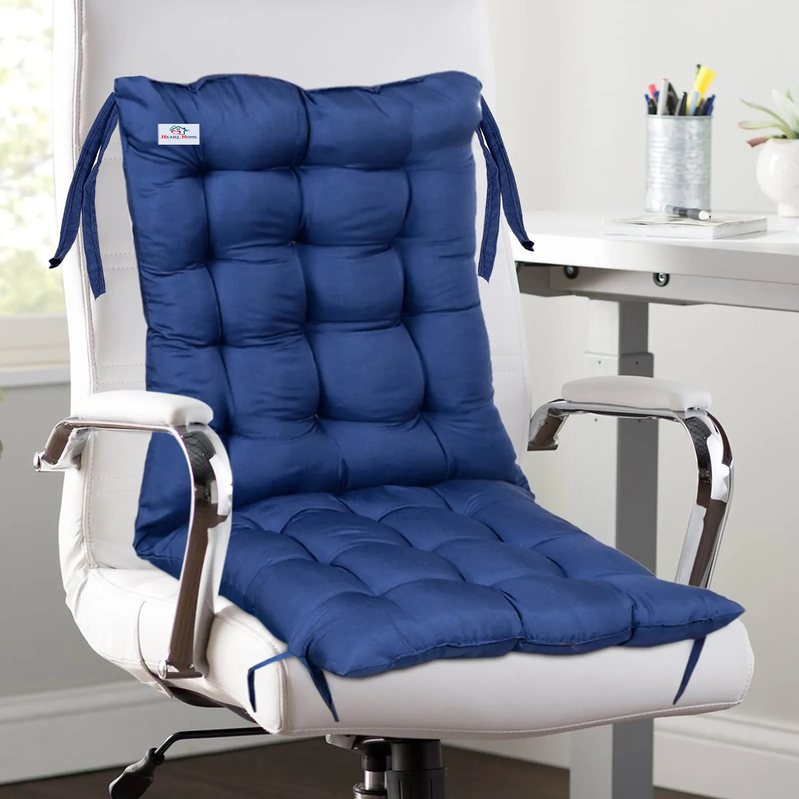 Heart Home Microfiber 18 * 36 Inch Back and Seat Chair Cushion with Ties & Square Cushion for Rocking Chair, Desk Chair, Dining Chairs, Lounge Chair- Set of 2 (Navy Blue)