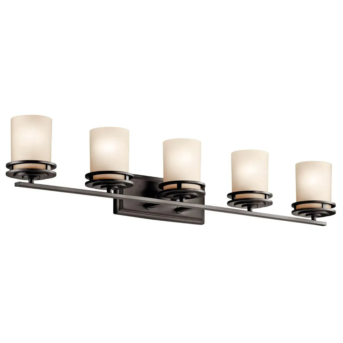 Hendrik 43 In 5-Lights Bathroom Vanity Light With Satin Etched Cased Opal Glass, Bronze Finish