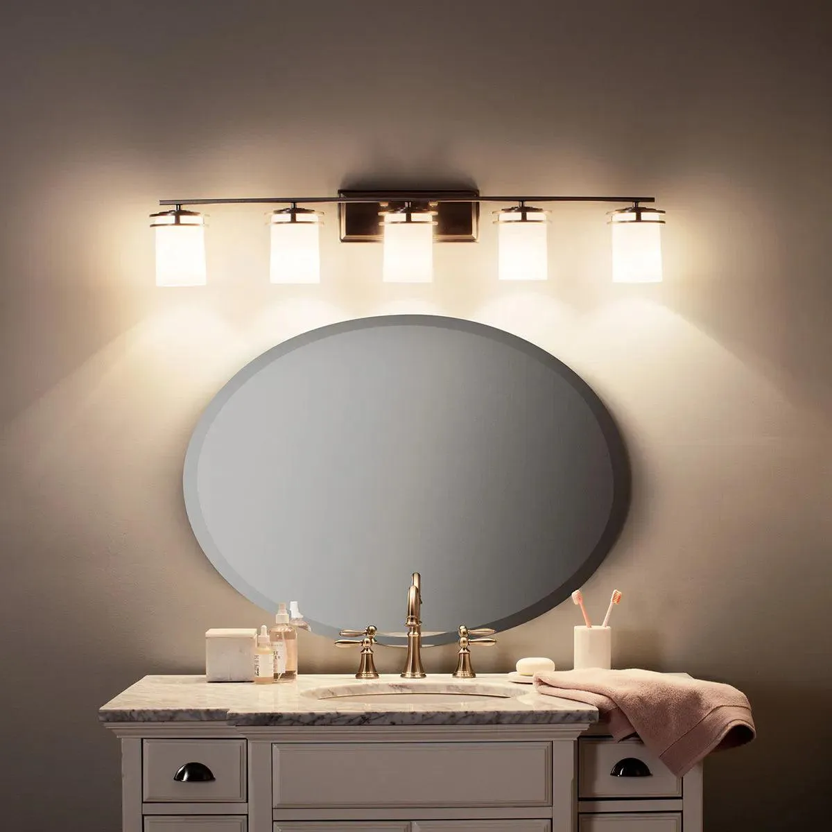Hendrik 43 In 5-Lights Bathroom Vanity Light With Satin Etched Cased Opal Glass, Bronze Finish