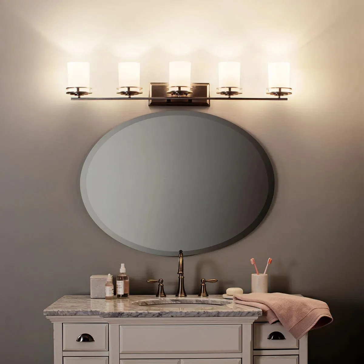 Hendrik 43 In 5-Lights Bathroom Vanity Light With Satin Etched Cased Opal Glass, Bronze Finish