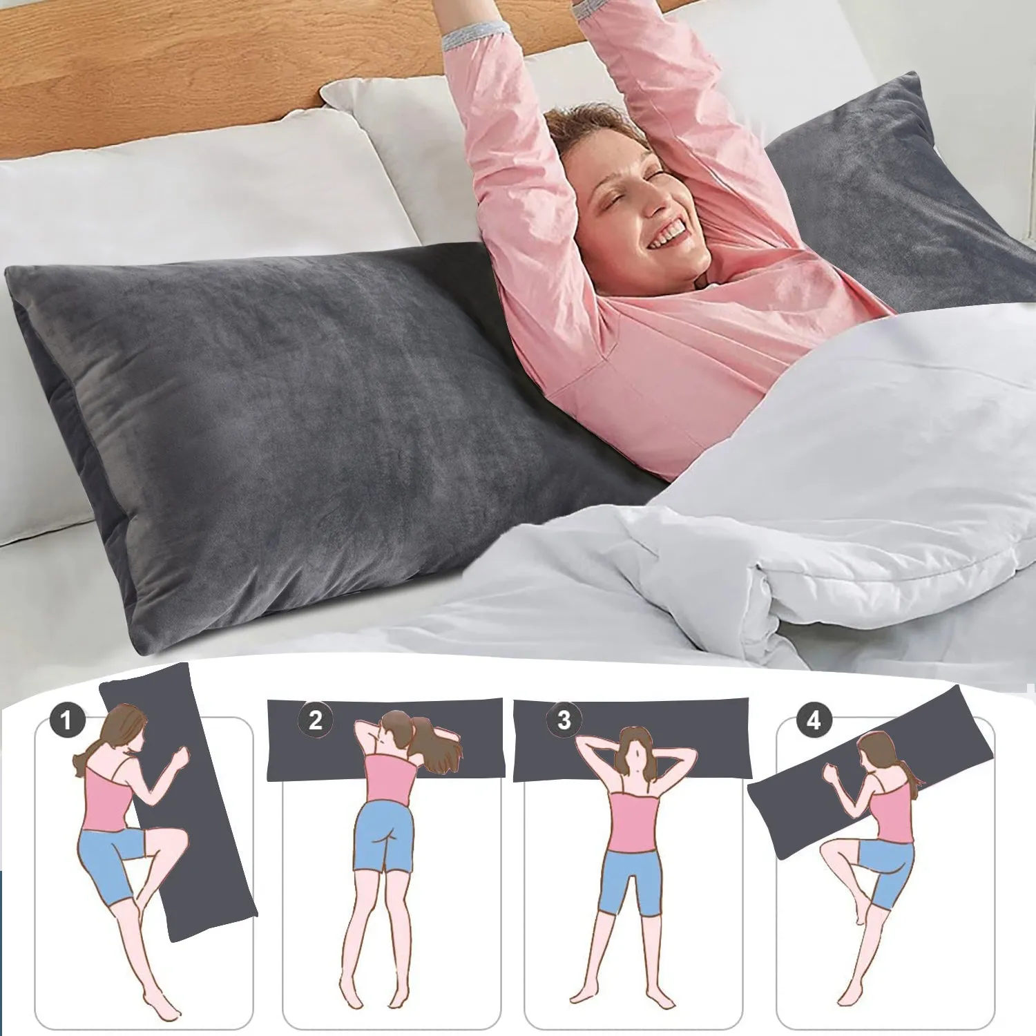 HIG Supportive Full Body Pillow for Sleeping, Decorative Large Body Pillow Insert with Removable Velvet Cover, Cuddly Long Bed Pillow for Adults Pregnant Women Side Sleeper, 20" x 54"