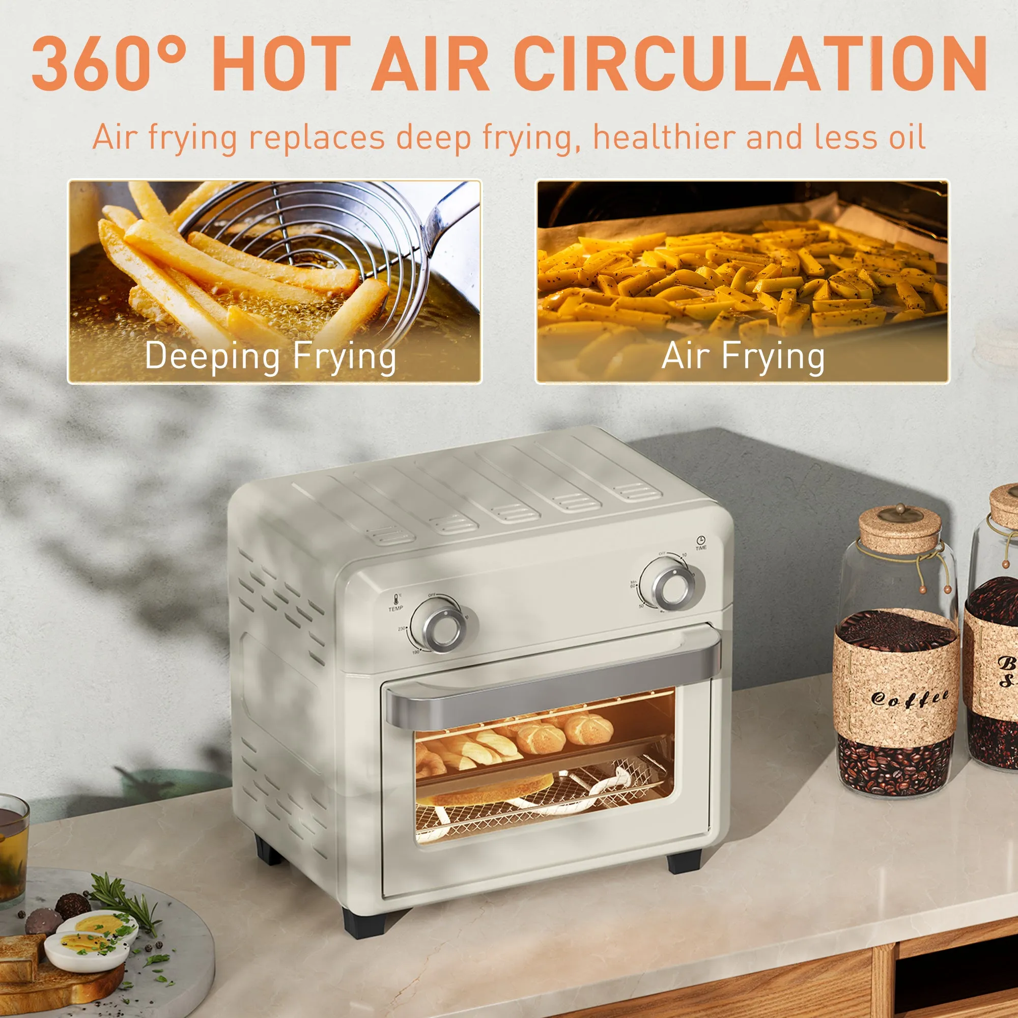 HOMCOM 10L Cream Air Fryer Oven, Electric Oven, Grill, Roast, Bake, 1000W