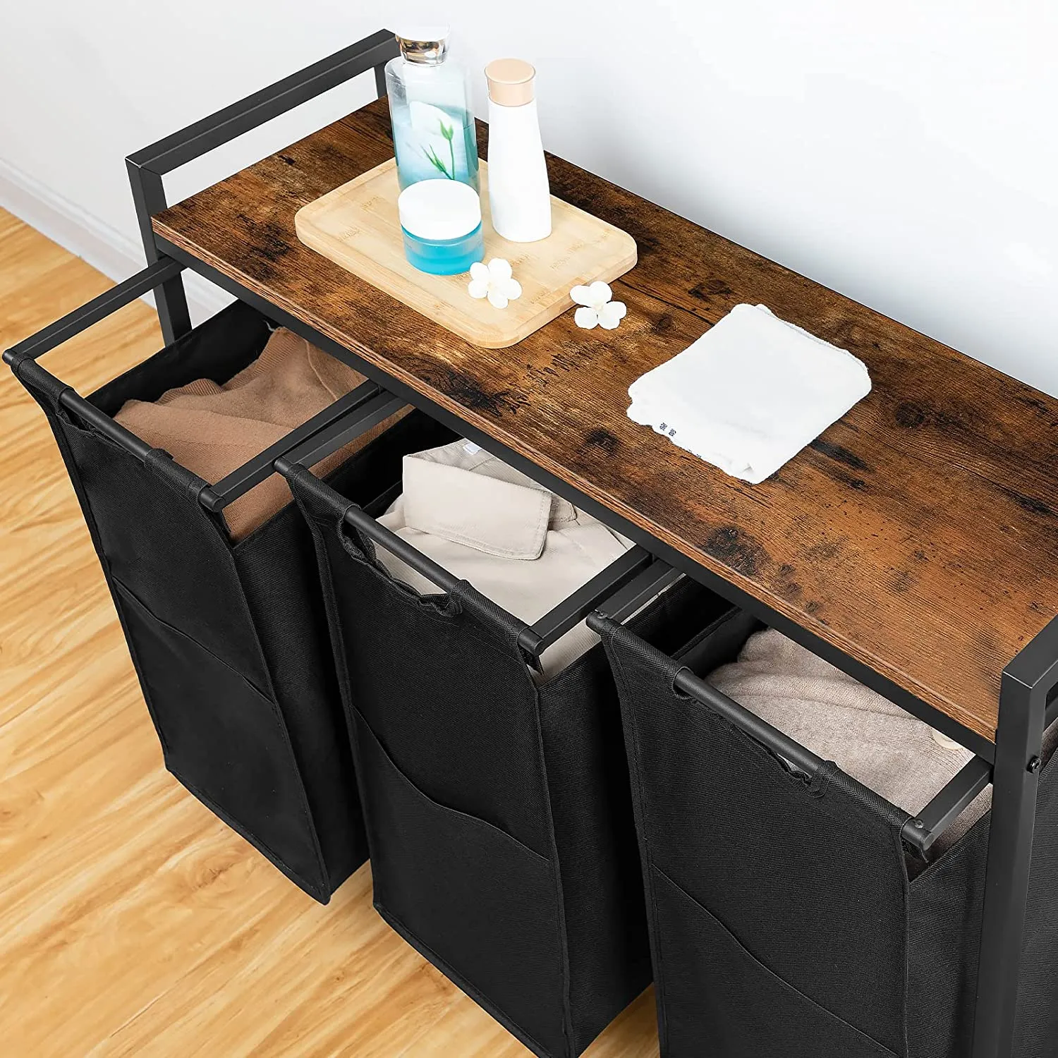 Laundry Hamper Cart, 3-Compartment Laundry Basket, Rolling Laundry Sorter Organizer with Top Shelf