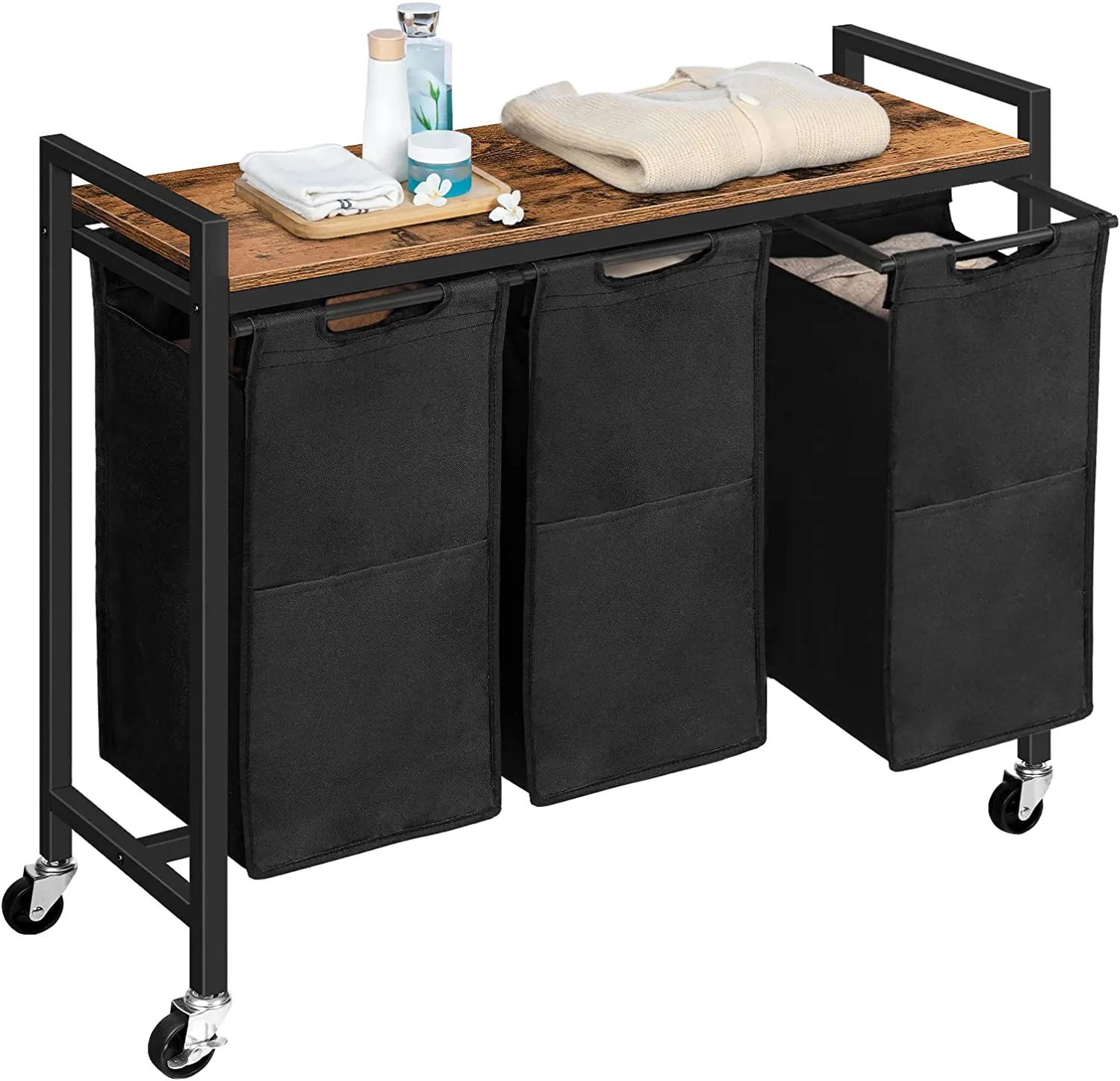 Laundry Hamper Cart, 3-Compartment Laundry Basket, Rolling Laundry Sorter Organizer with Top Shelf
