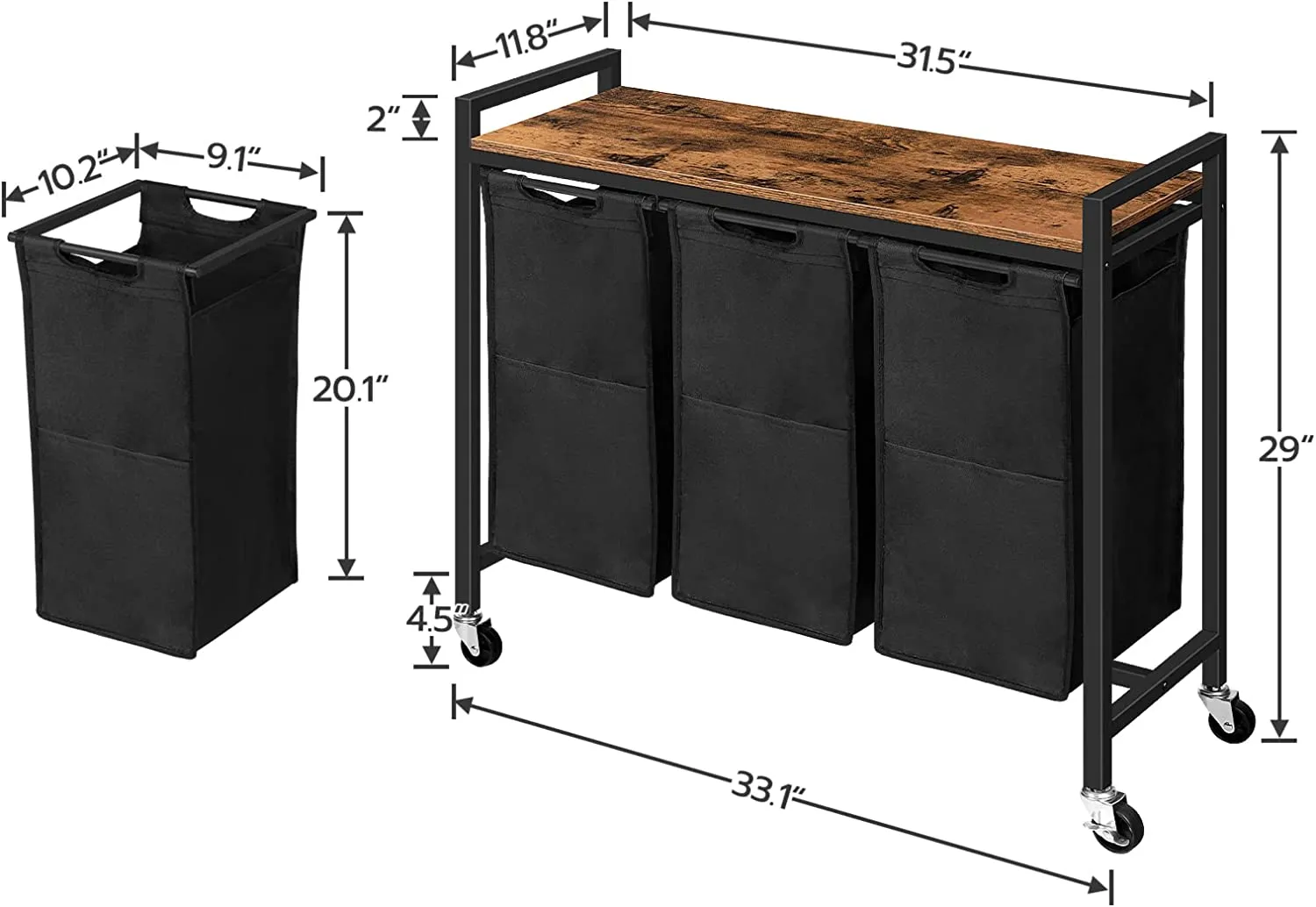 Laundry Hamper Cart, 3-Compartment Laundry Basket, Rolling Laundry Sorter Organizer with Top Shelf