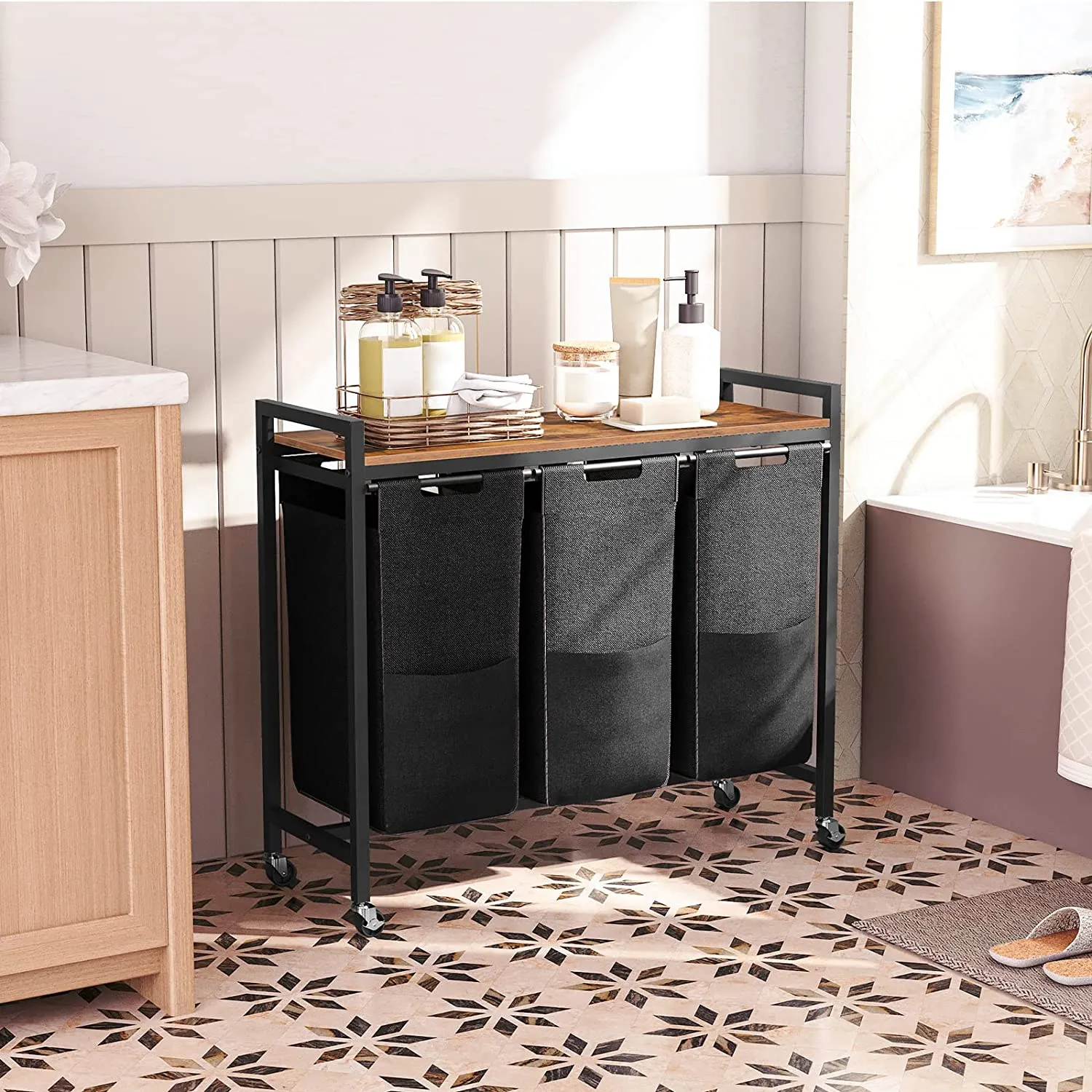 Laundry Hamper Cart, 3-Compartment Laundry Basket, Rolling Laundry Sorter Organizer with Top Shelf