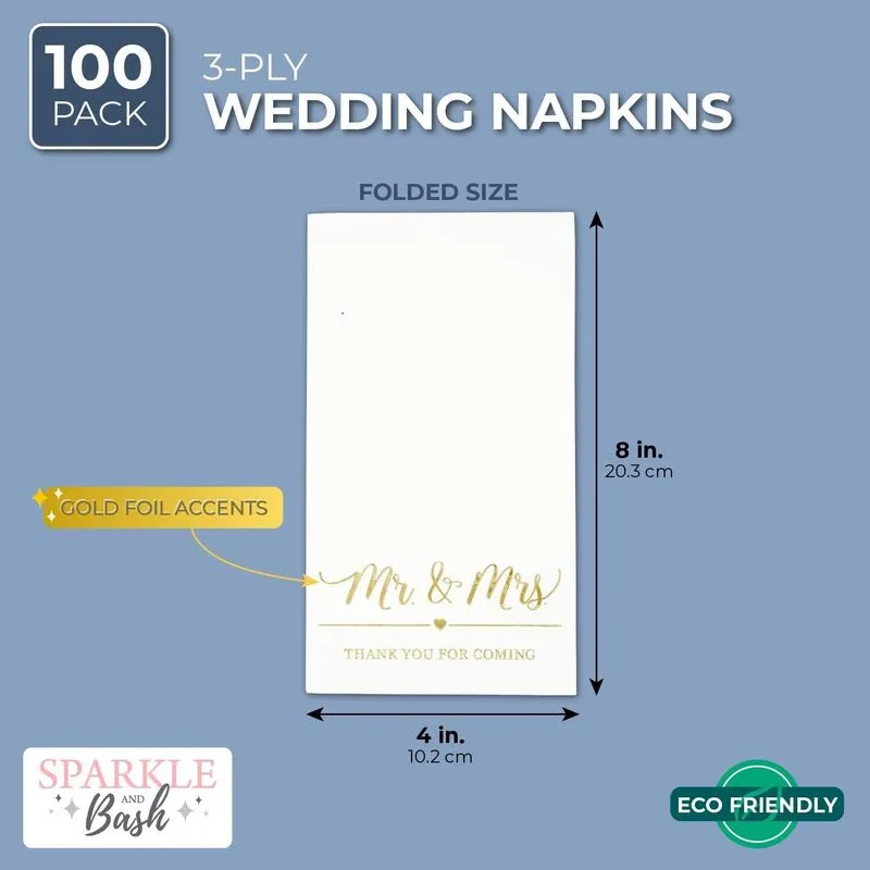 Mr and Mrs Wedding Dinner Napkins (4 x 8 Inches, 100 Pack)